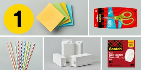 Passo 1 - forniture necessarie: Foglietti Post-it®, Forbici Kids Scotch™, Nastro Super-Hold Scotch®, cartoni di latte e cannucce di carta

