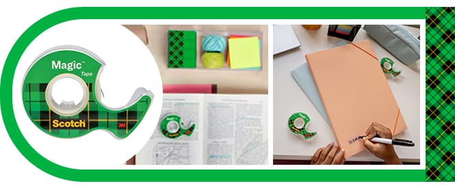 Scotch® Magic™ Tape e esempi di utilizzo - riparazione di pagine di libri strappate e creazione di etichette
