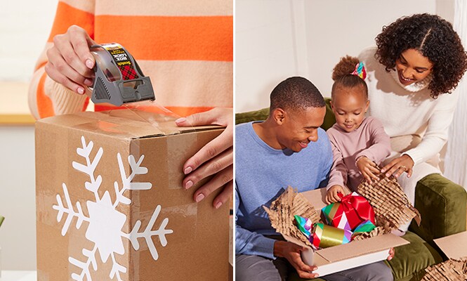 Sigillare un pacco festivo con il Nastro adesivo Box Lock™ Scotch® sul lato sinistro e una scena che rappresenta l'esperienza di apertura sul lato destro dell'immagine
