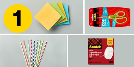 Passo 1 - forniture necessarie: Foglietti Post-it®, Forbici Kids Scotch™, Nastro Super-Hold Scotch® e cannucce di carta
