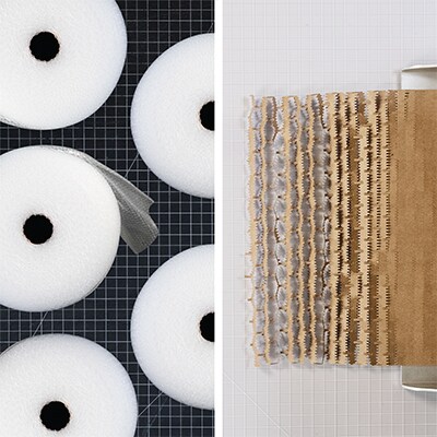 Immagine con rotoli di pluriball a sinistra e rotolo di 3M Scotch™ Cushion Lock™ a destra.