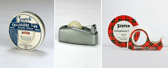 Raffigurazioni storiche di come apparivano il nastro adesivo trasparente Scotch® e i dispenser di nastro adesivo Scotch®
